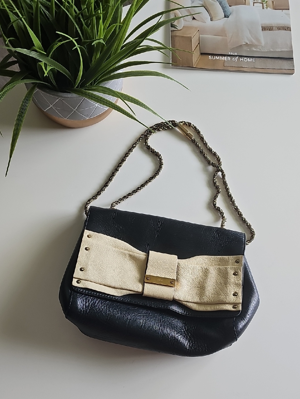 Chloe Black and Cream Bow-Accent Chain June Shoulder Bag
